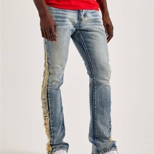 MNML Men's Distressed Flared Blue Jeans